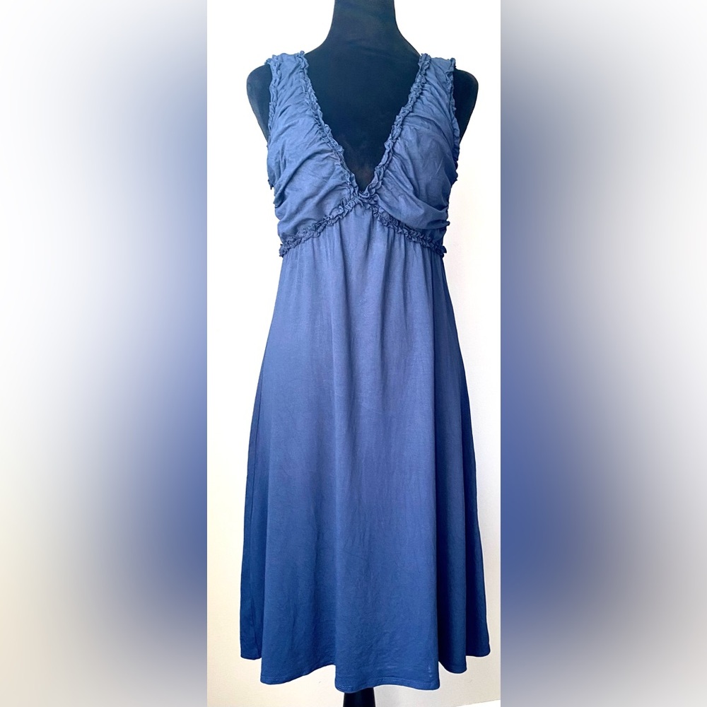 Max Studio Navy Ruffled Plunge Neck Sleeveless Dress